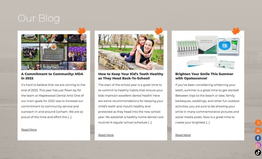 Maplewood Dental Arts - home page blog feed example for medical website design